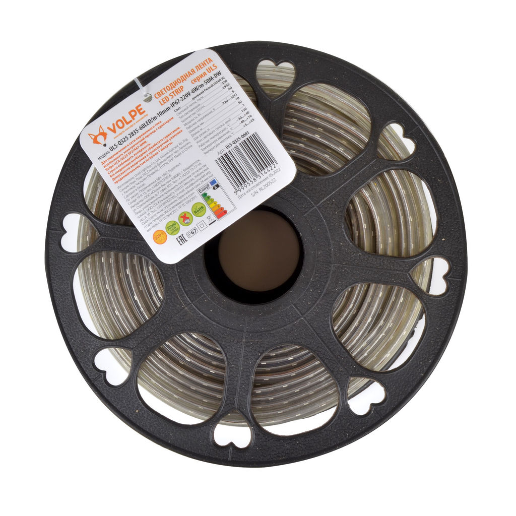 ULS-Q325 2835-60LED/m-10mm-IP67-220V-6W/m-50M-DW Светодиодная гибкая герметичная лента Volpe. В ПВХ трубке. Упаковка - бобина 50 м. IP67. Угол излучения 120. Кратность резки 1 м. Холодный белый свет.