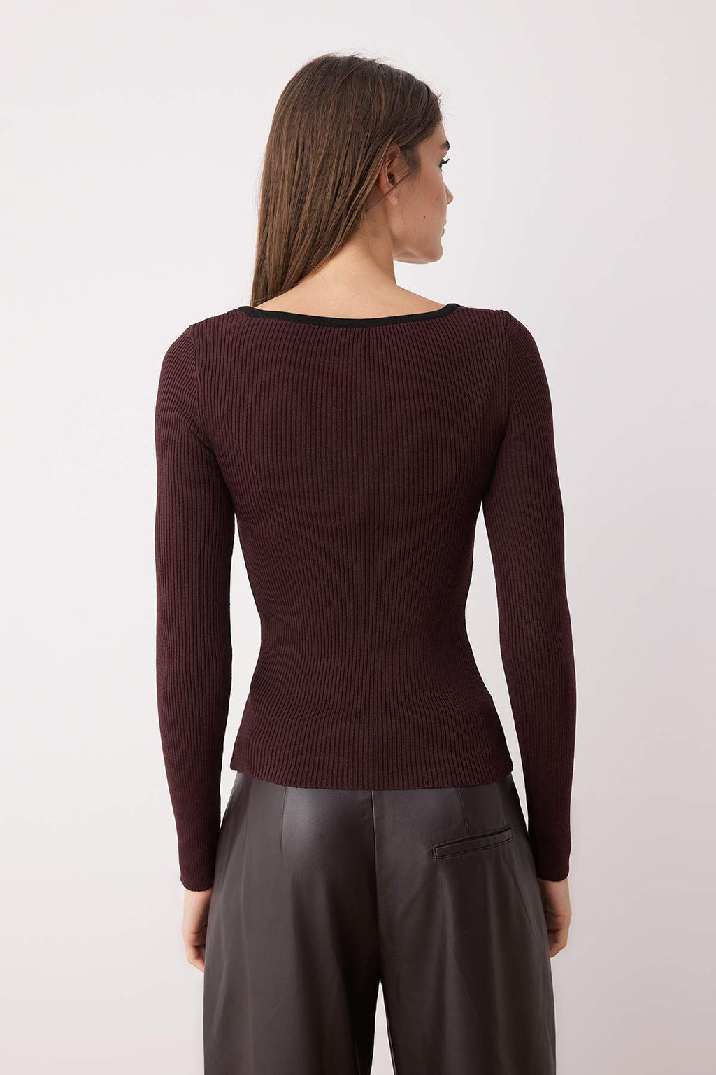 Bordo Merserize Gorunumlu Premium Iplik/Ozel Iplik Kurdele/Fiyonk Detayl? Triko Kazak TWOAW25KZ00207