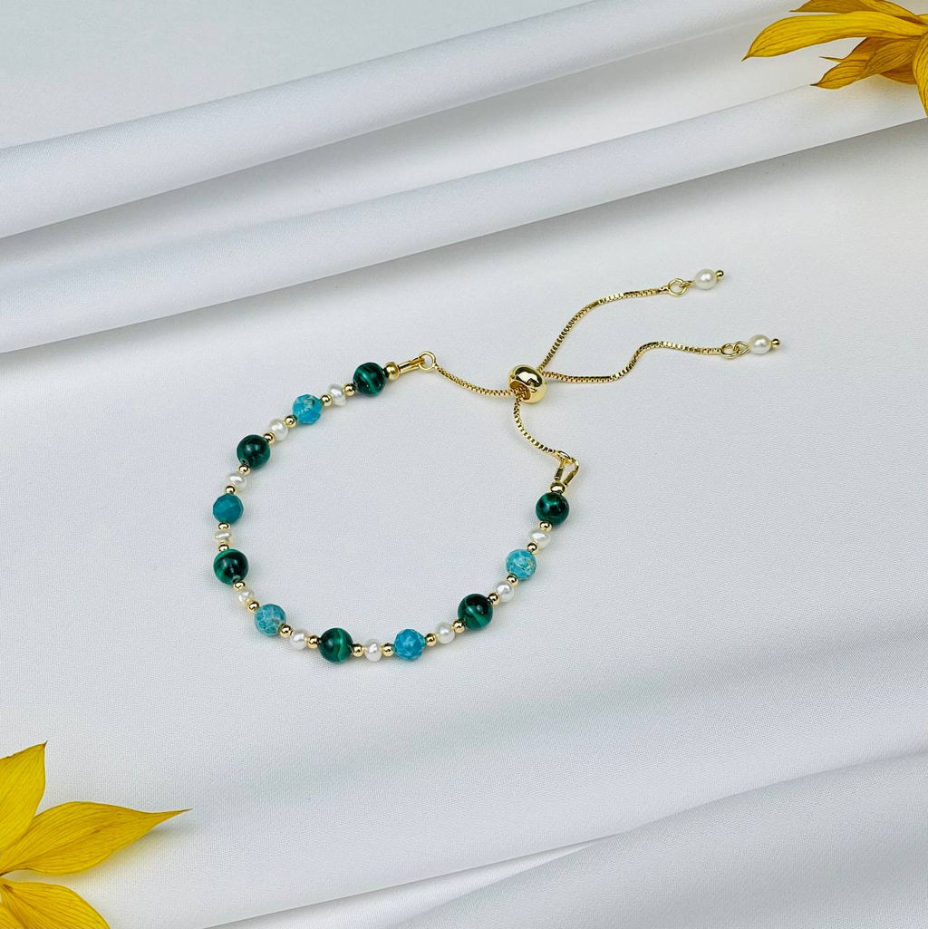 Браслет регулируемый (на здоровье и долголетие) из Малахита, Бирюзы и Жемчуга от 16 см