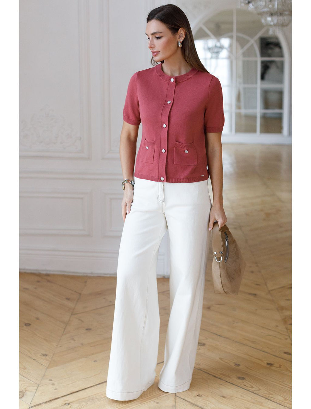 Кардиган c коротким рукавом вязаный из хлопка с акрилом