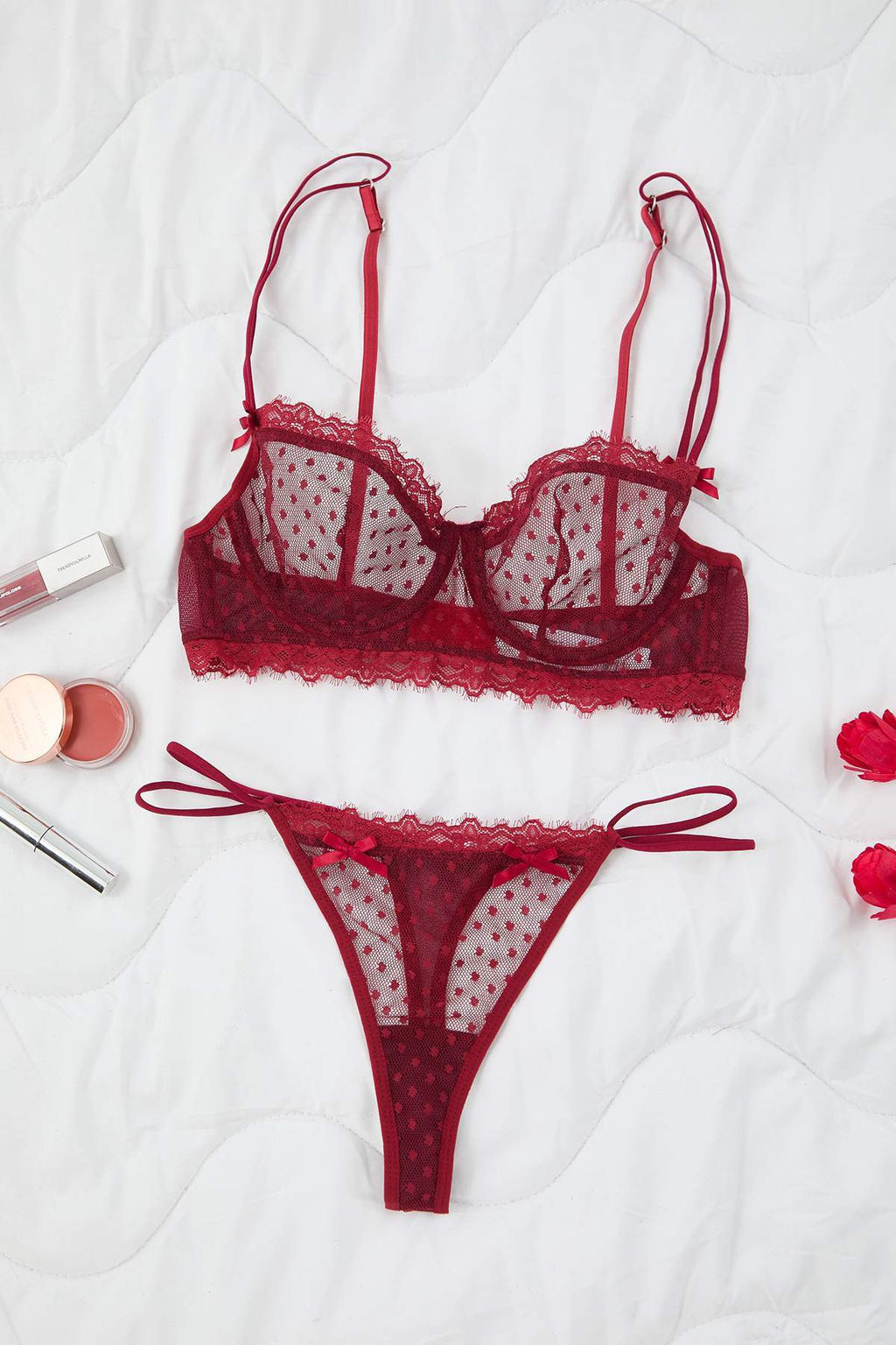 Koyu Visne Mesh Volanl? / F?rf?rl? Puantiyeli Kaps?z Ic Camas?r? Tak?m? THMAW26CC00007 - Trendyolmilla фото 5