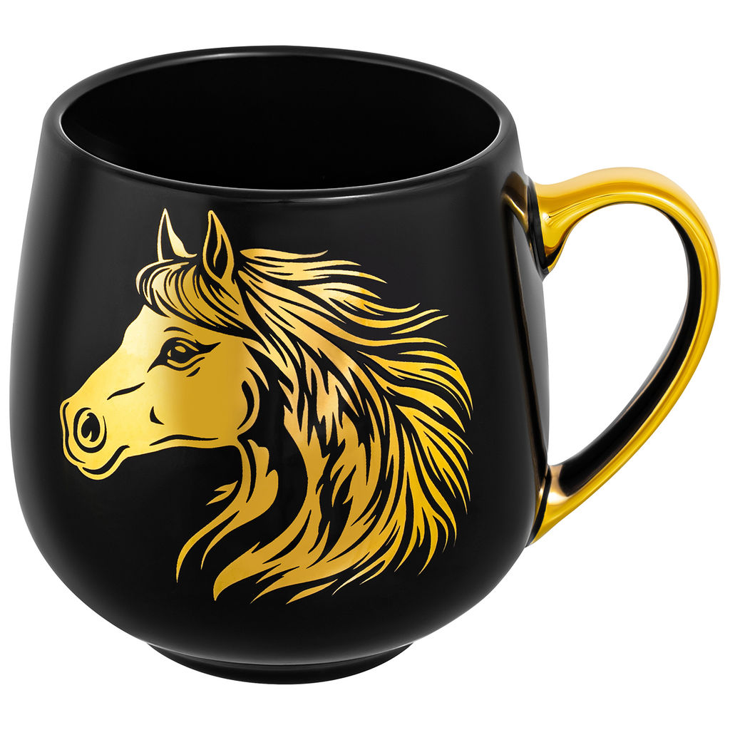 Кружка 530 мл 13,5*10,5*10,7 см "Лошадь" золотая на черном, фарфор