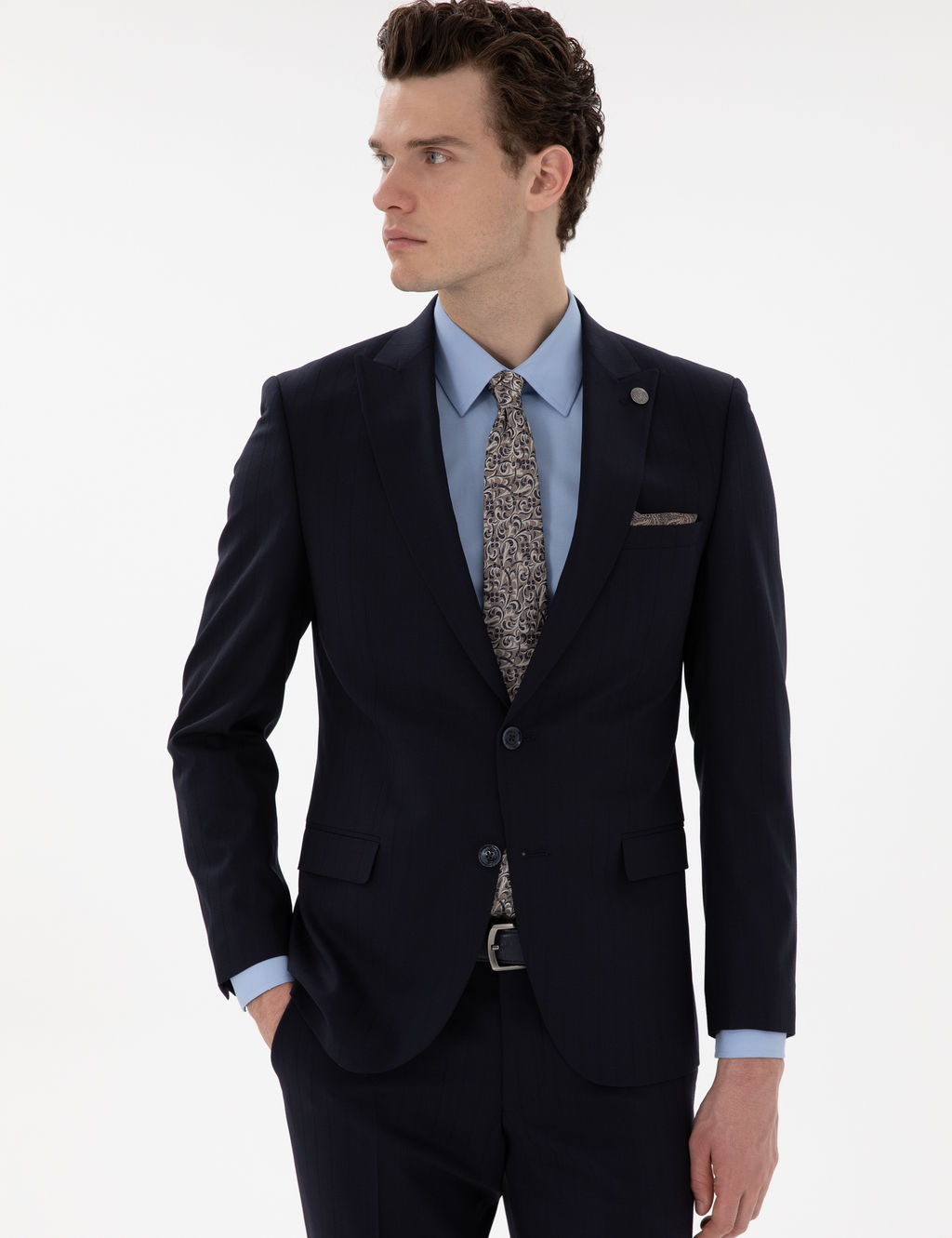 Lacivert Extra Slim Fit _izgili Y_nl_ Tak_m Elbise