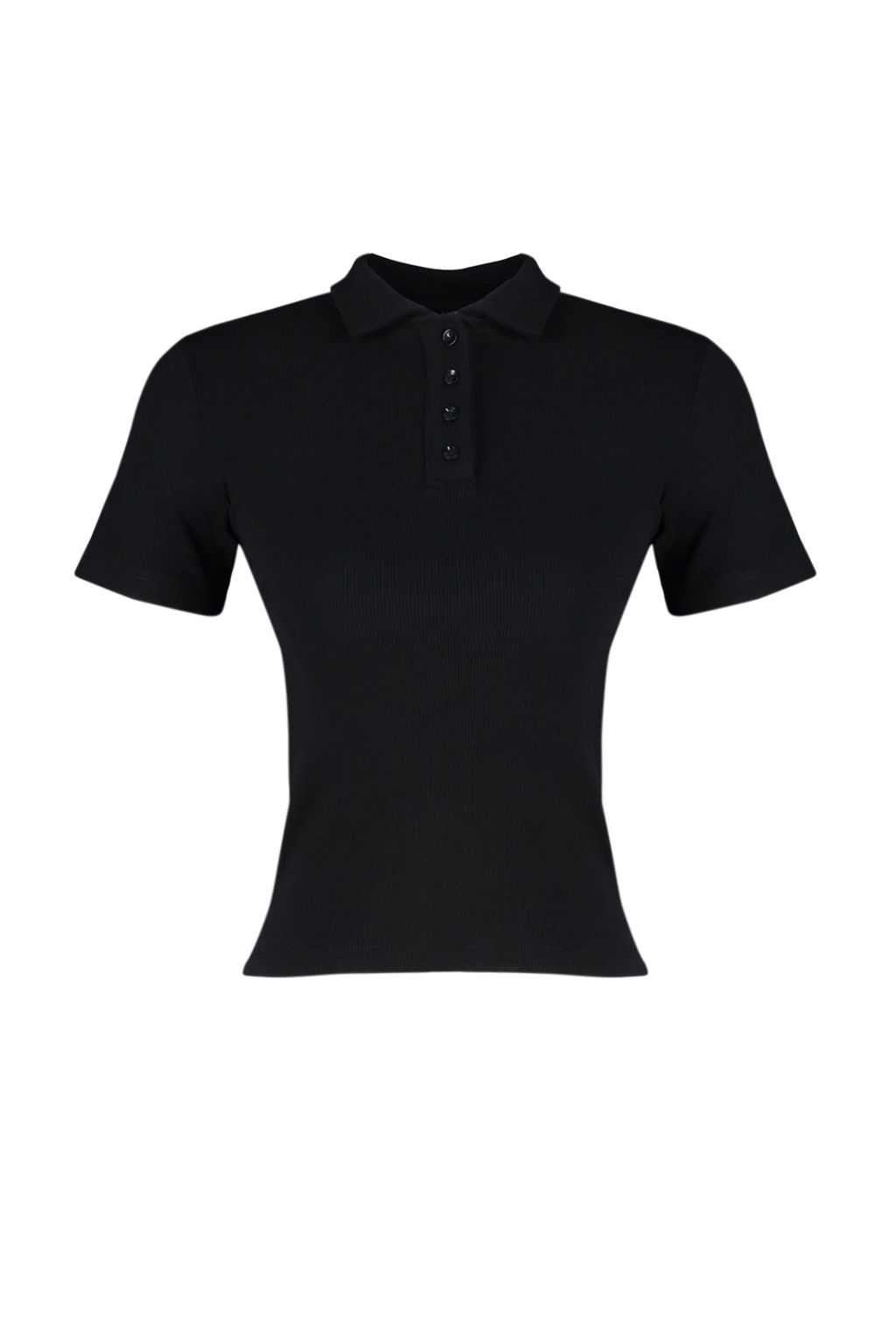 Siyah Polo Yaka Dugmeli K?sa Kol Esnek Fitilli Orme Bluz TWOSS24BZ00111