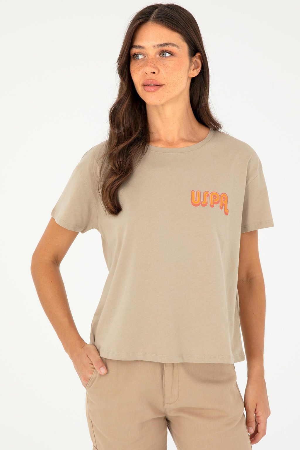 Футболка U.S. Polo Assn женская светло-хаки хлопок  фото 3