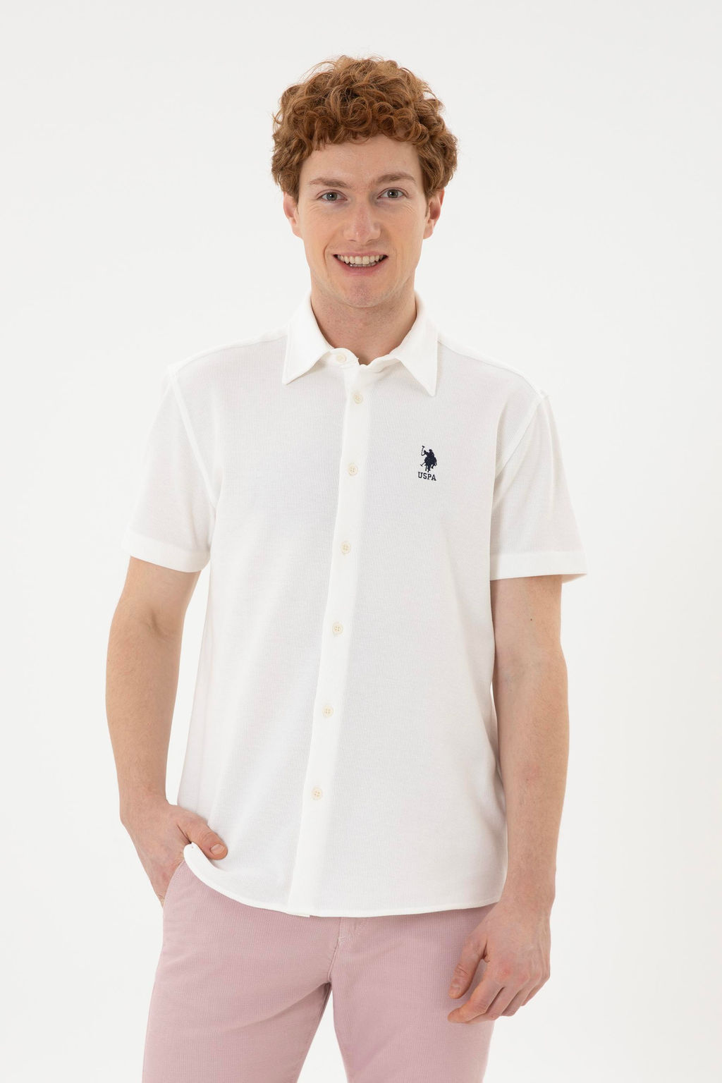 Мужская рубашка с коротким рукавом цвета экрю - U.s. polo assn фото 8