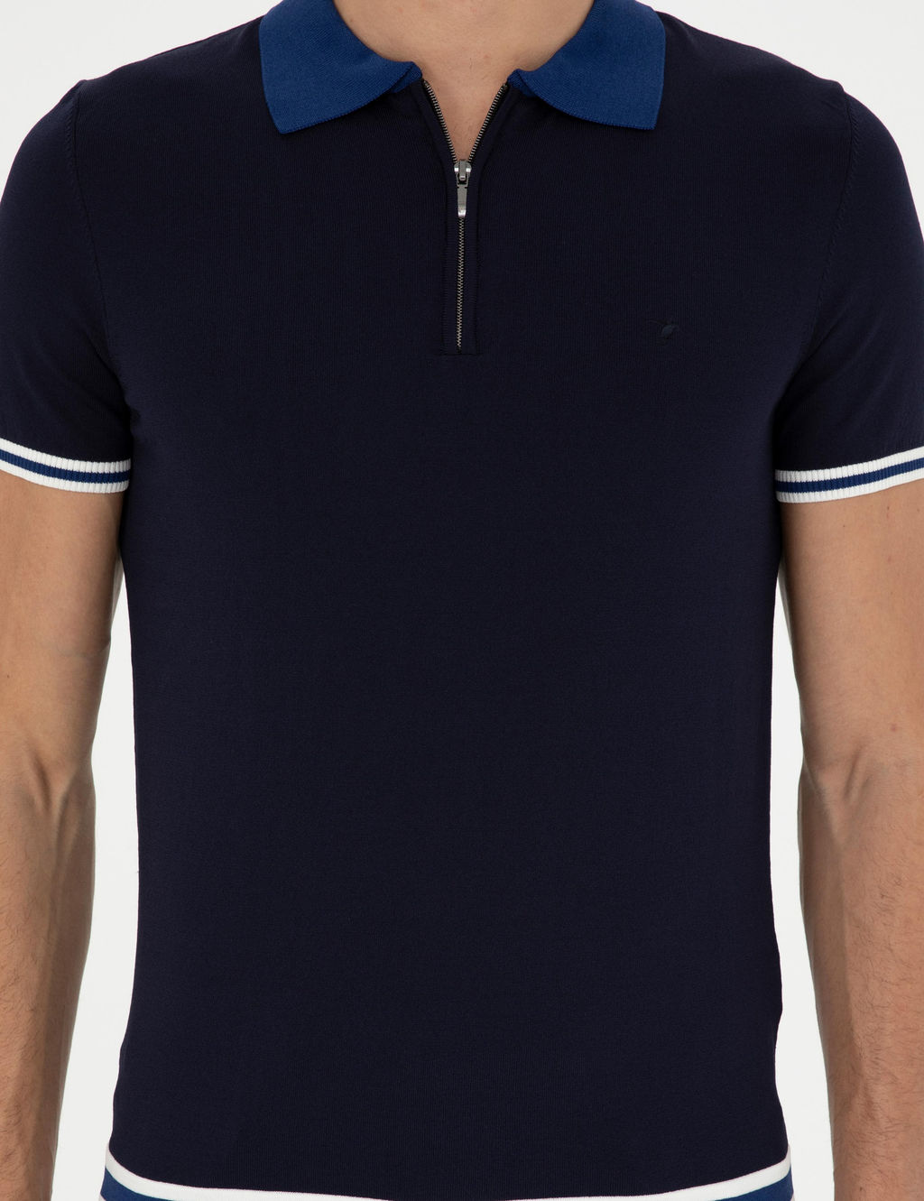 Lacivert Slim Fit Fermuarl_ Polo Yaka Triko T-shirt