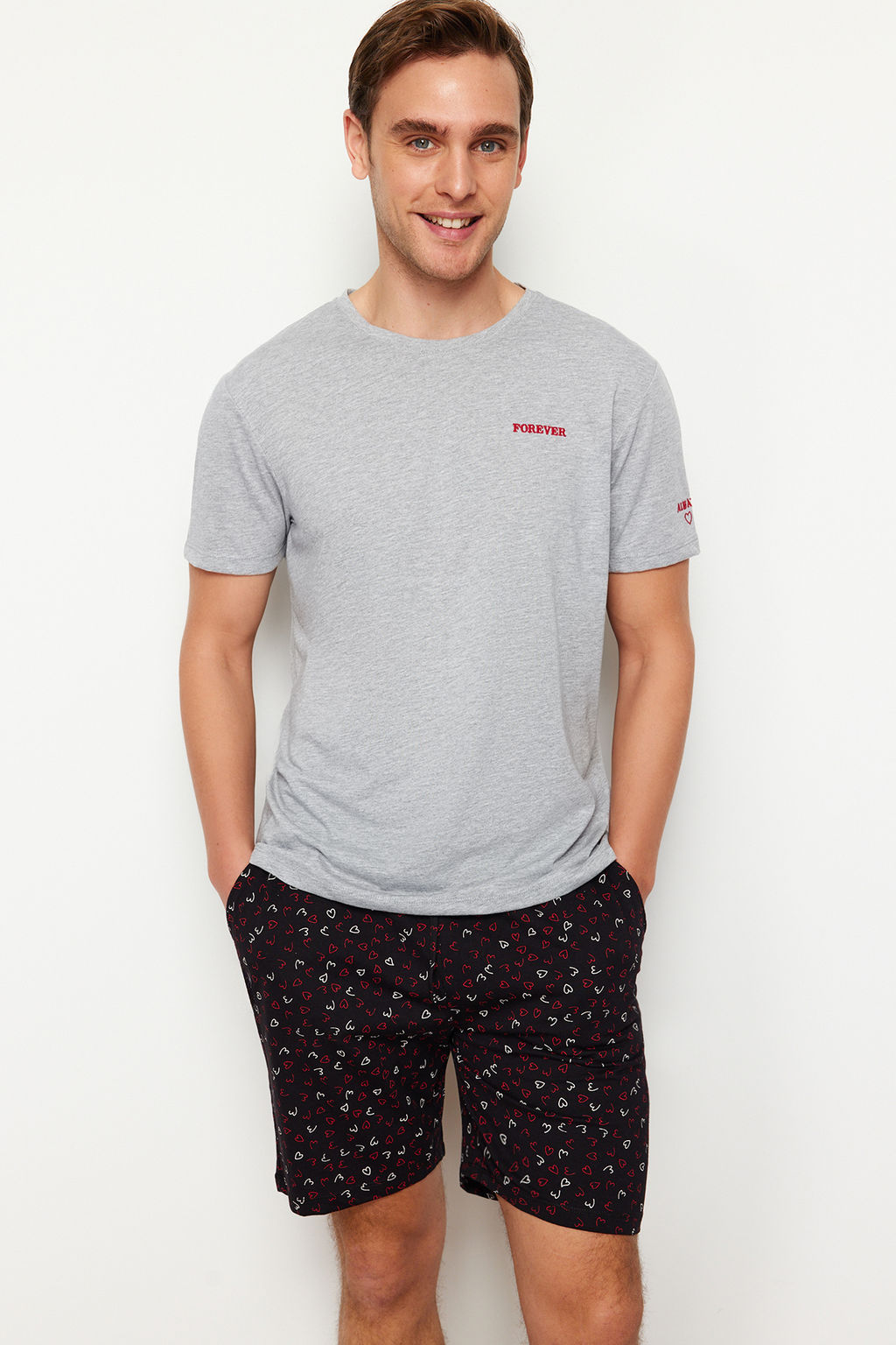 TRENDYOL MAN Gri Siyah Nak?sl? Regular Fit Couple/Cift Orme Sortlu Erkek Pijama Tak?m? TMNSS24PT00016 - Trendyolmilla фото 3