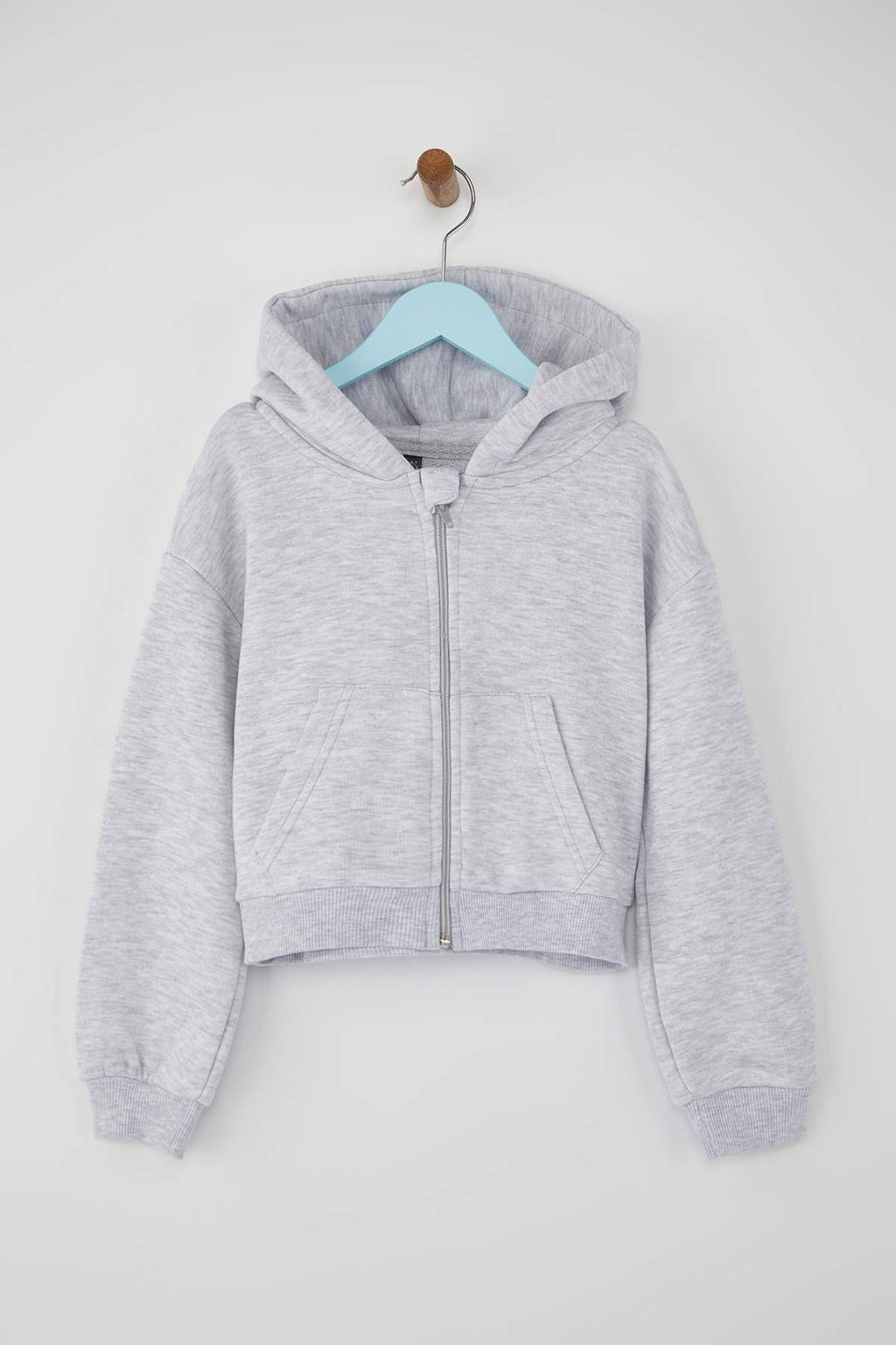 Gri Melanj Pamuklu Crop Fit Duz/Basic Kapusonlu Overize Orme K?z Cocuk H?rka TKDAW26HI00001 - Trendyolmilla фото 3