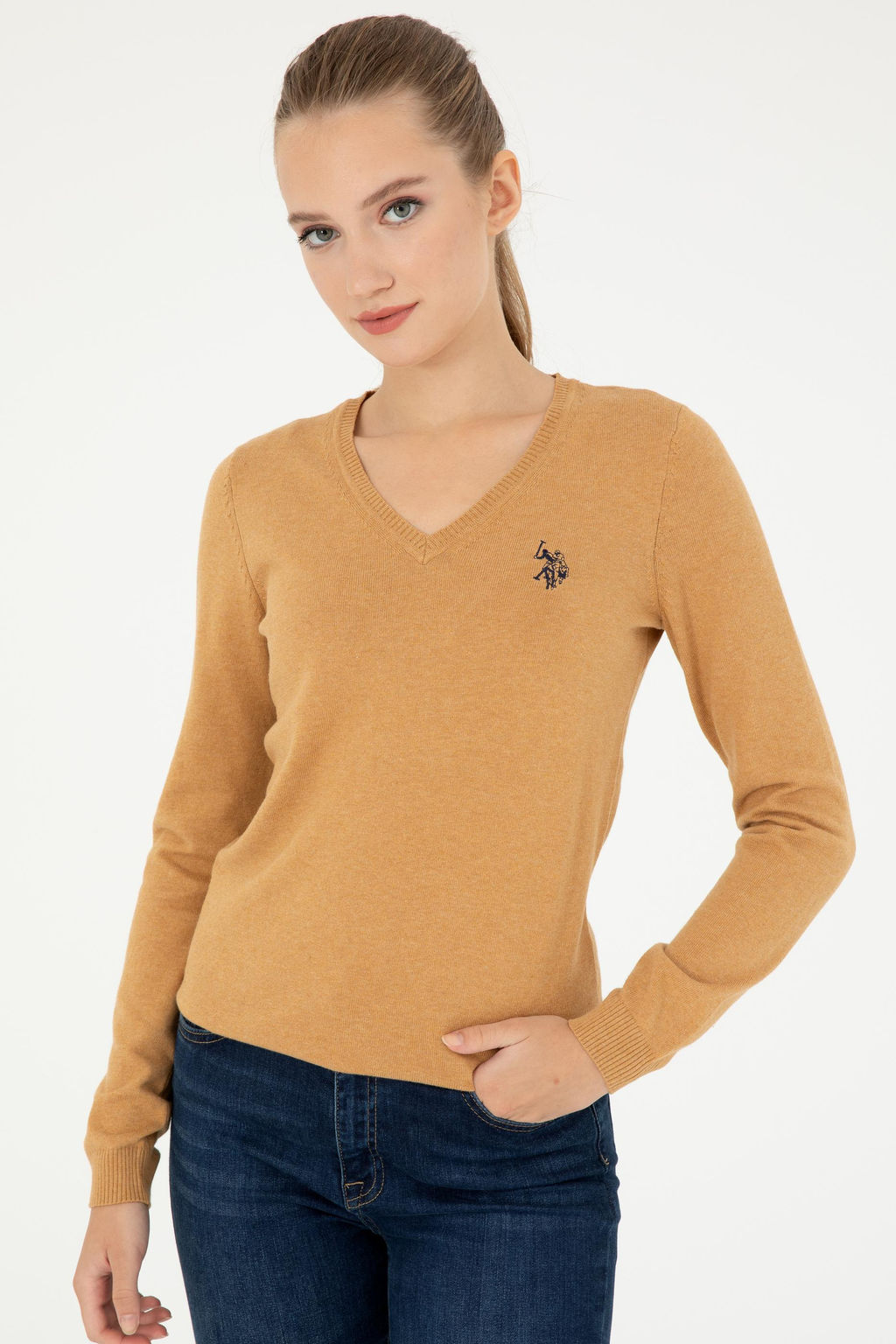 Женский базовый свитер светло-коричневого цвета с v-образным вырезом меланжевого цвета Неожиданная скидка в корзине - U.s. polo assn фото 3