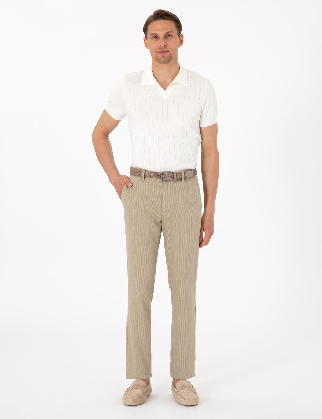 Haki Slim Fit Keten Kar___ml_ _izgili Kanvas Pantolon