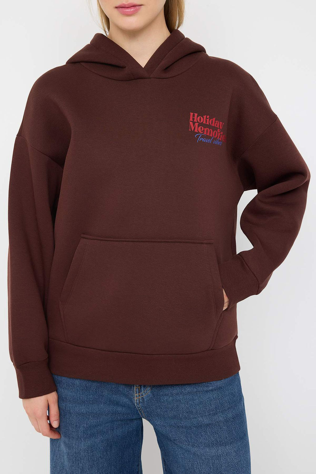 Teen Kahverengi S?rt Bask?l? Oversize Kal?p Kapusonlu Ici Polarl? Orme Sweatshirt TWOAW26SW00126 - Trendyolmilla фото 3