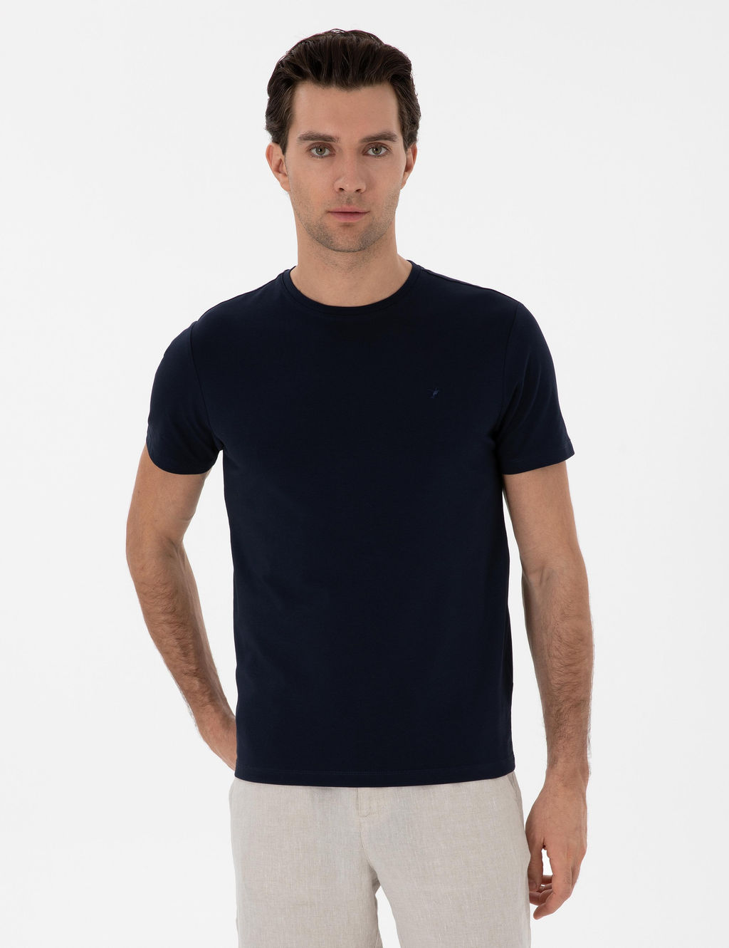 Lacivert Slim Fit Bisiklet Yaka %100 Pamuk Basic T-shirt