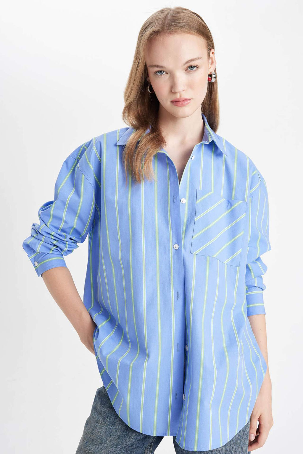 Oversize Genis Kal?p Cepli Cizgili Poplin Uzun Kollu Gomlek - Defacto фото 3