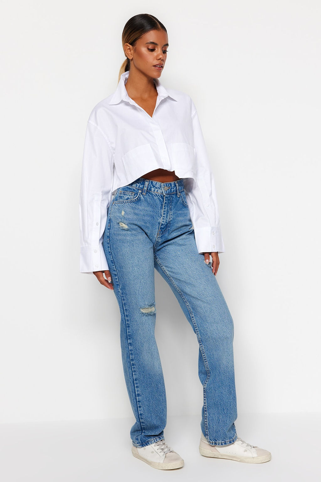 TRENDYOLMILLA Mavi Y?rt?kl? Yuksek Bel Uzun Straight Jeans TWOAW24JE00033