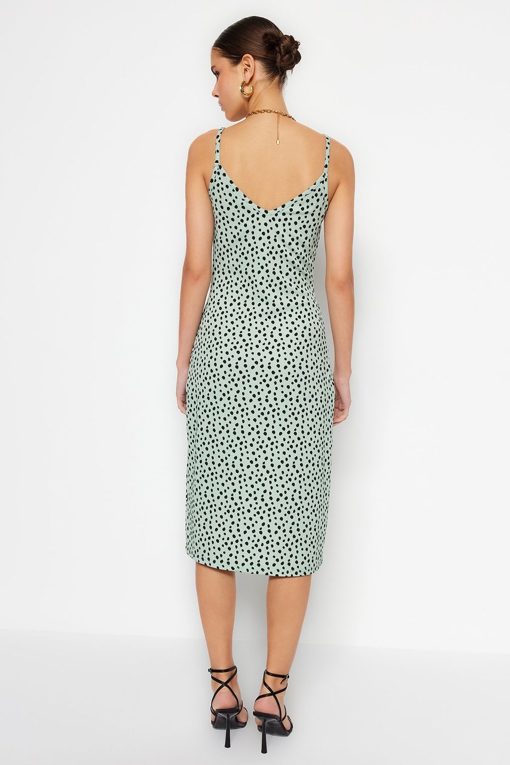 Mint Puantiye Bask?l? Burumcuk Belden Ac?lan/Skater Ask?l? Midi Orme Elbise TWOSS23EL01454