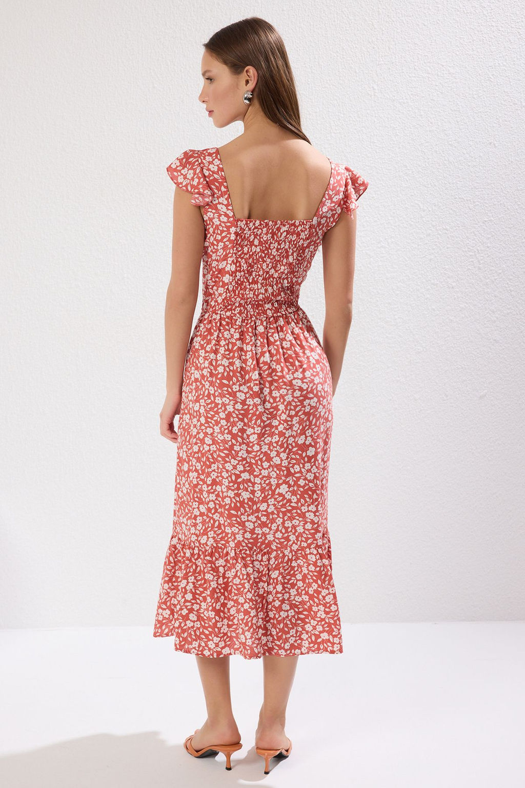 Kiremit Cicek Desenli Kare Yaka A Kesim Viskon Midi Dokuma Elbise TWOSS20EL3331