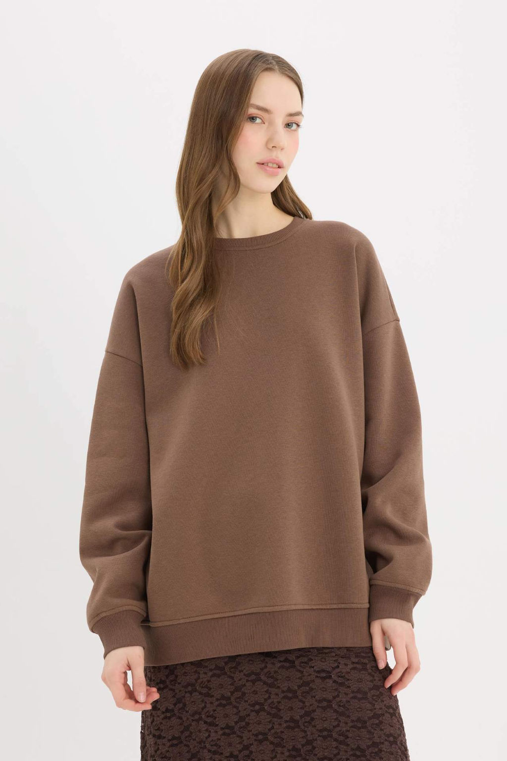 Oversize Genis Kal?p Bisiklet Yaka Basic Duz Kal?n Sweatshirt - Defacto фото 4
