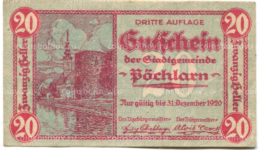 20 геллеров 1920 года Австрия Пёхларн (нотгельд)