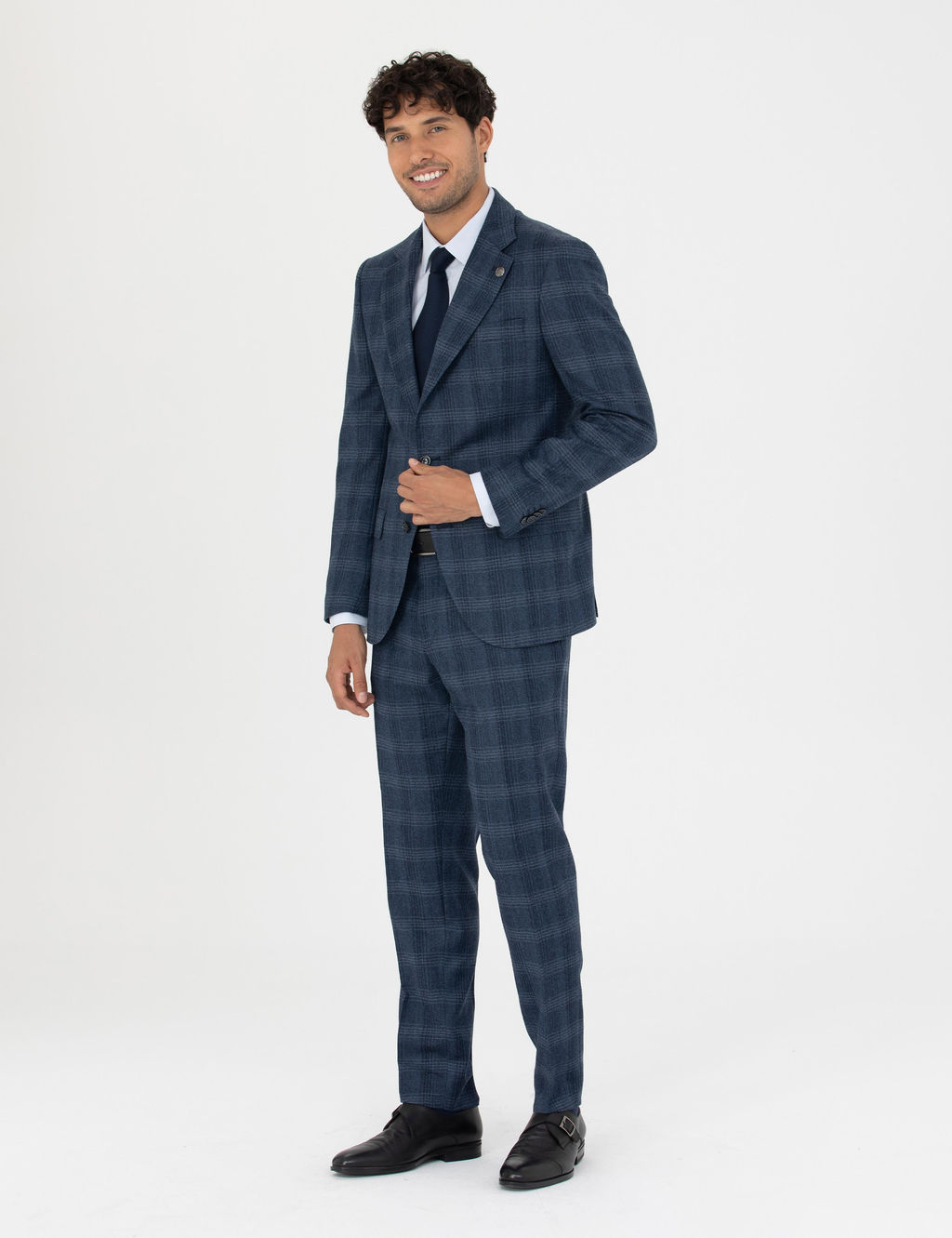 %100 Y_n Ekose Lacivert Ekstra Slim Fit Tak_m Elbise