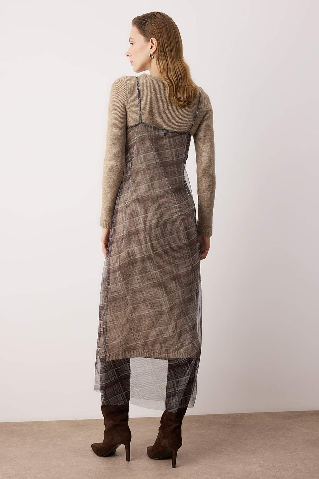 Bej Maxi Ekose Detayl? 2li Dokuma Triko Elbise TWOAW26EL00379 - Trendyolmilla фото 4