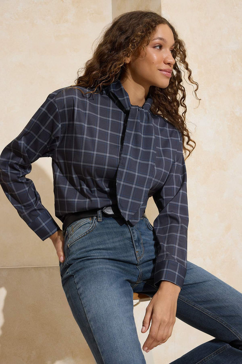 Cok Renkli-Kahverengi Ekose Fular Detayl? Oversize/Genis Kal?p Gomlek TWOSS26GO00009 - Trendyolmilla фото 6