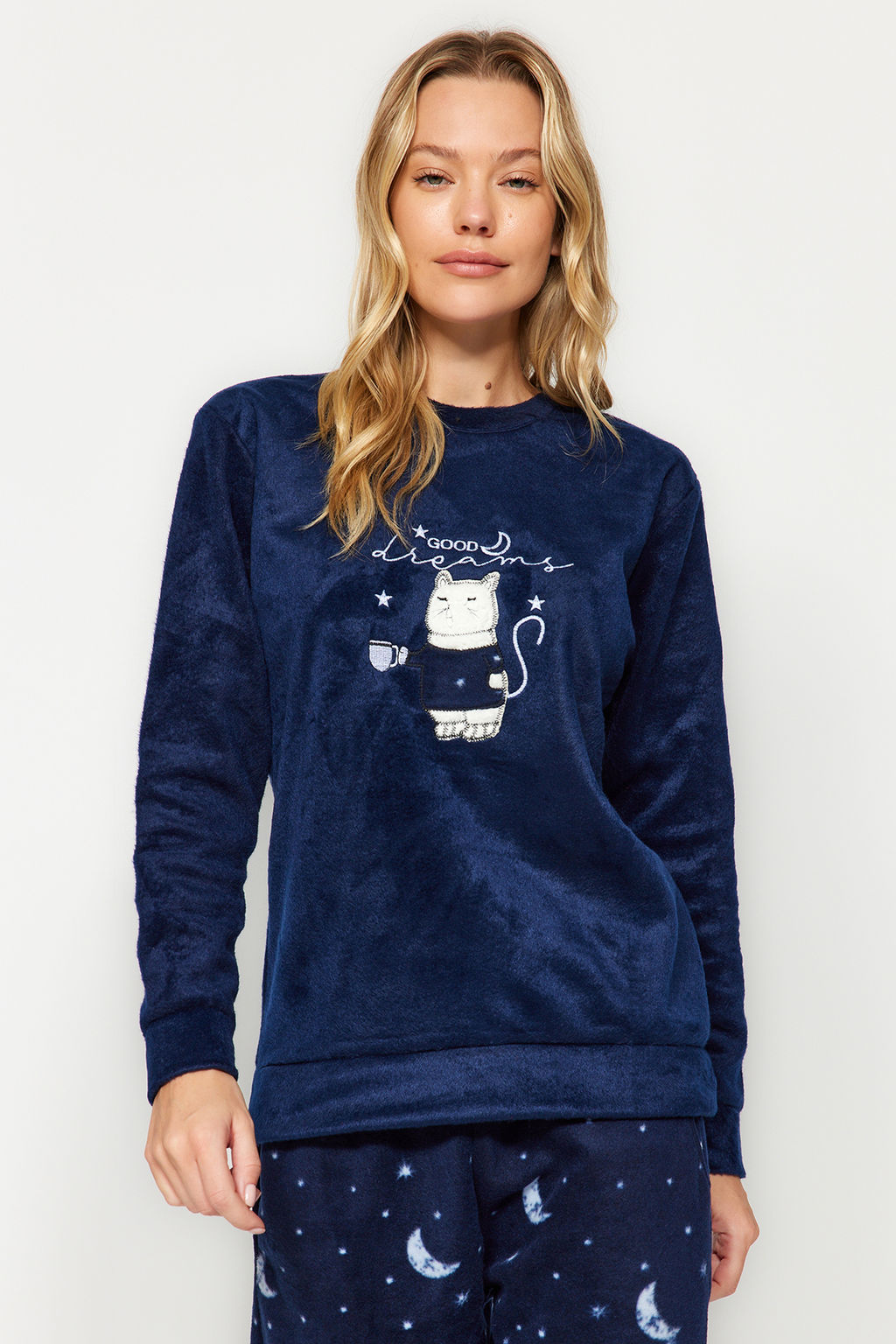 Lacivert Kedi Nak?sl? Kadife K?sl?k Orme Pijama Tak?m? THMAW24PT00169 - Trendyolmilla фото 3