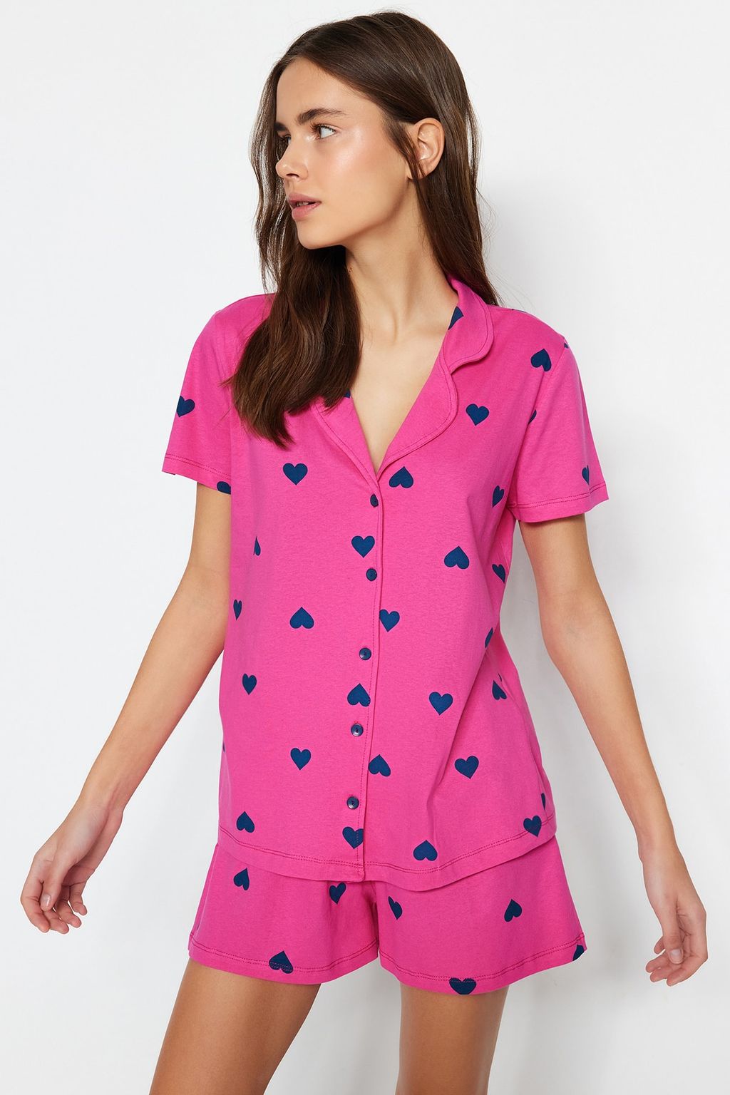 Trendyolmilla Ekru-Cok Renkli %100 Pamuklu Kalpli Sortlu Orme Pijama Tak?m? THMSS21PT0756 фото 21