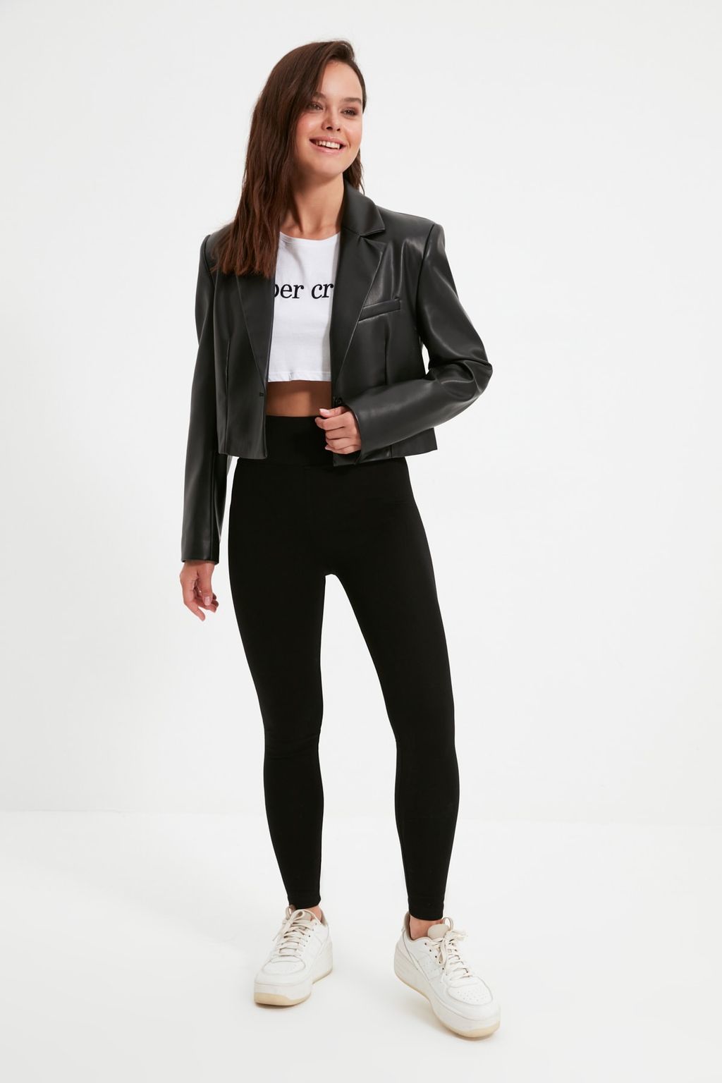 Siyah Yuksek Bel Basic Beli Lastikli Interlok Orme Tayt TWOAW20TA0047 - Trendyolmilla фото 4