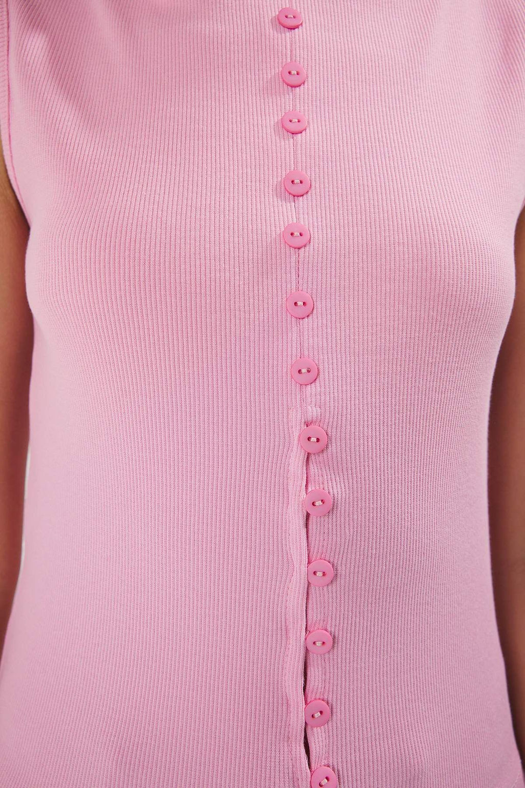 Pembe Dugmeli Fitted/Vucuda Oturan Fitilli Esnek Orme Bluz TWOSS24BZ00306