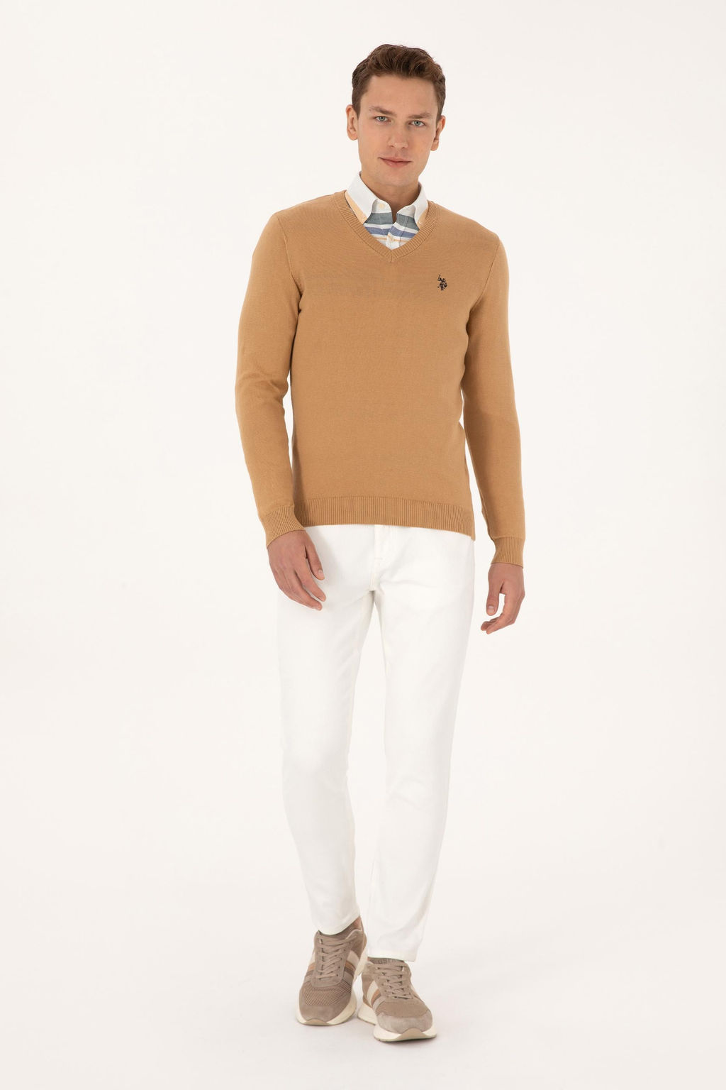 Erkek Slim Fit V Yaka Camel Basic Triko Kazak - U.s. polo assn фото 4