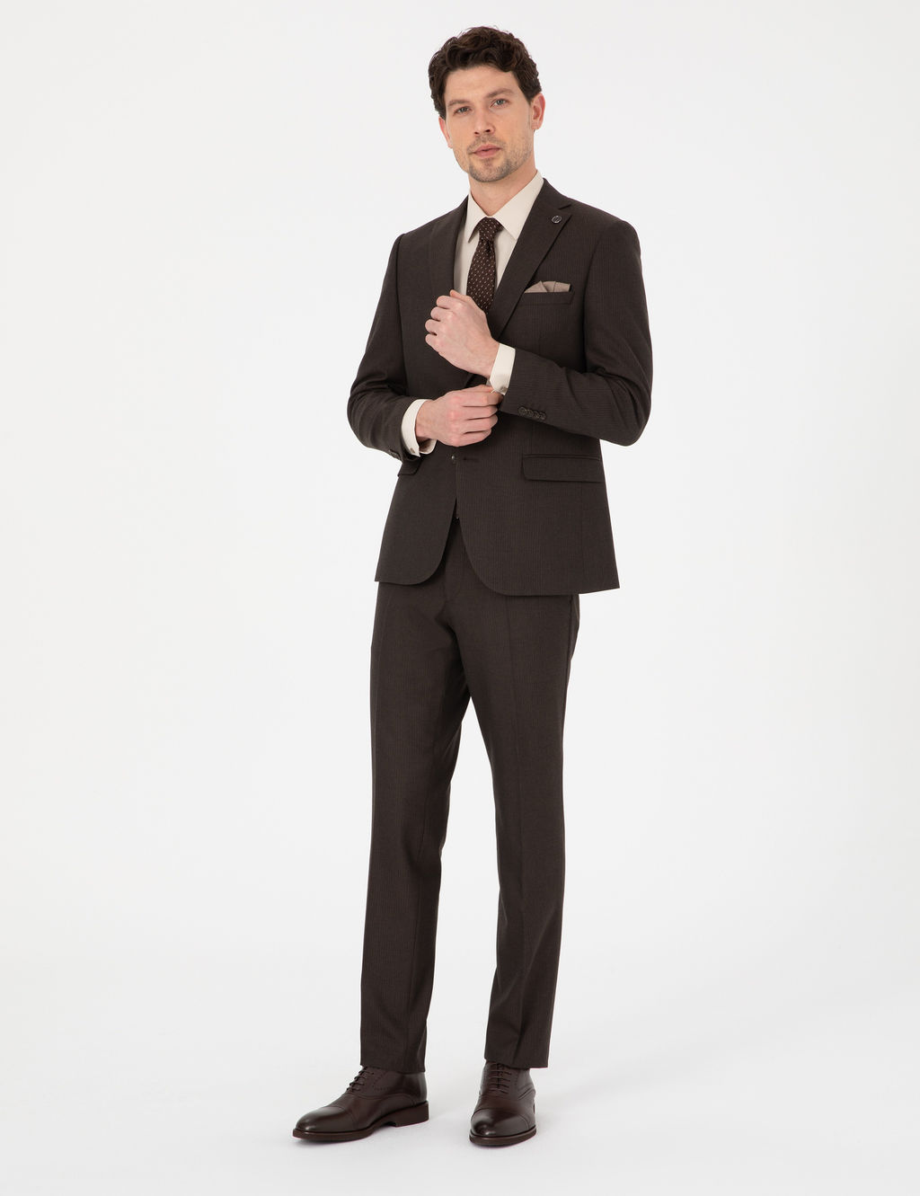 Kahverengi Slim Fit _izgili Tak_m Elbise