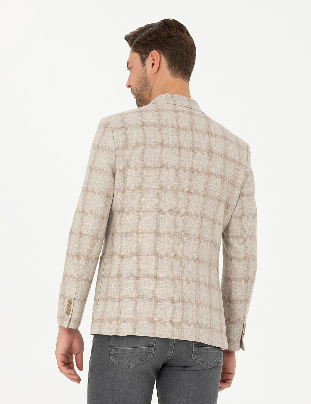 Bej Slim Fit Keten Kar___ml_ Ekose Ceket