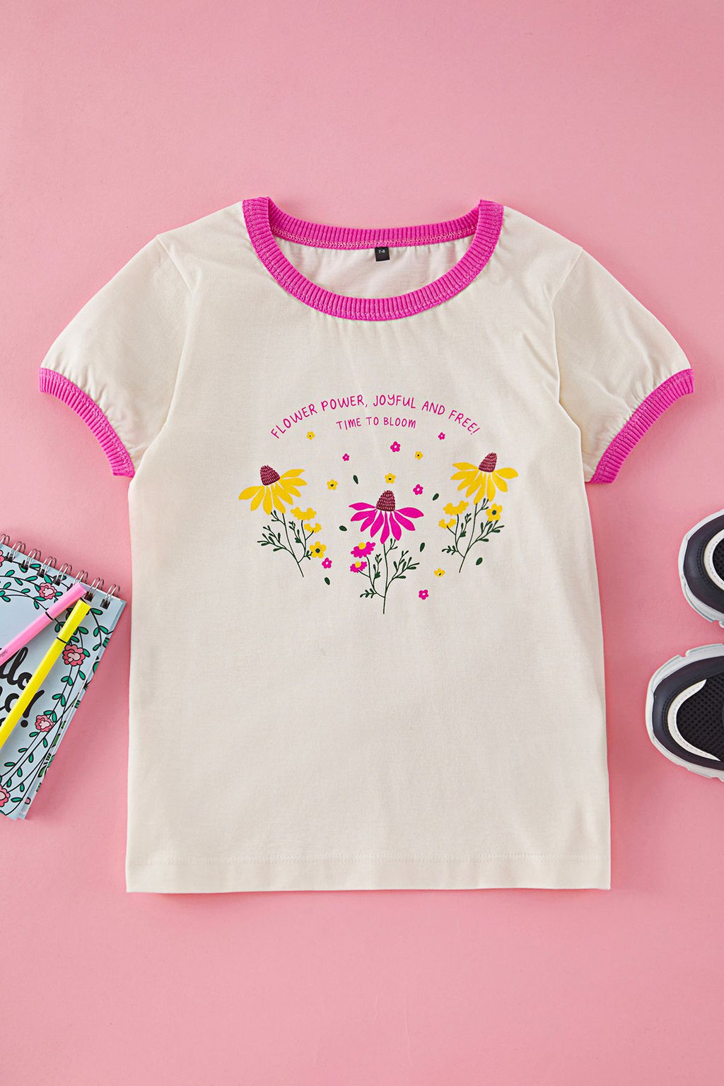 Ekru K?z Cocuk %100 Pamuk Cicekli Regular Kal?p Biye Detayl? K?sa Kol Orme T-Shirt TKDSS25TS00072