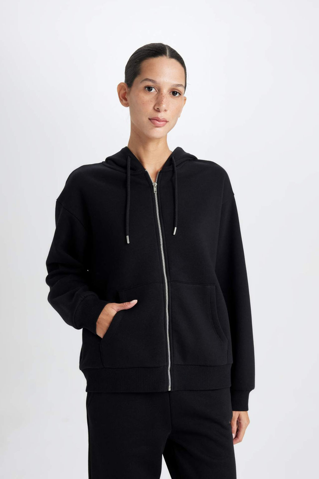 Relax Fit Kapusonlu Cepli Basic Duz Fermuarl? Sweatshirt - Defacto фото 4