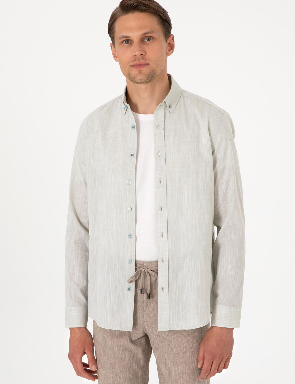 _a_la Keten G_r_n_ml_ Slim Fit Uzun Kollu G_mlek