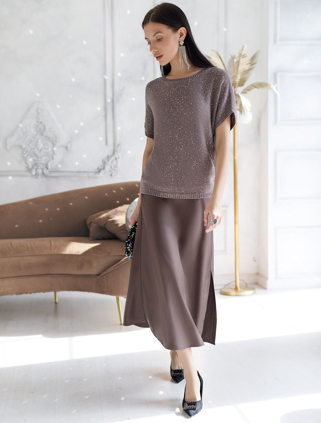 Джемпер с цельнокроенным коротким рукавом из хлопковой пряжи с пайетками - Vilatte фото 5