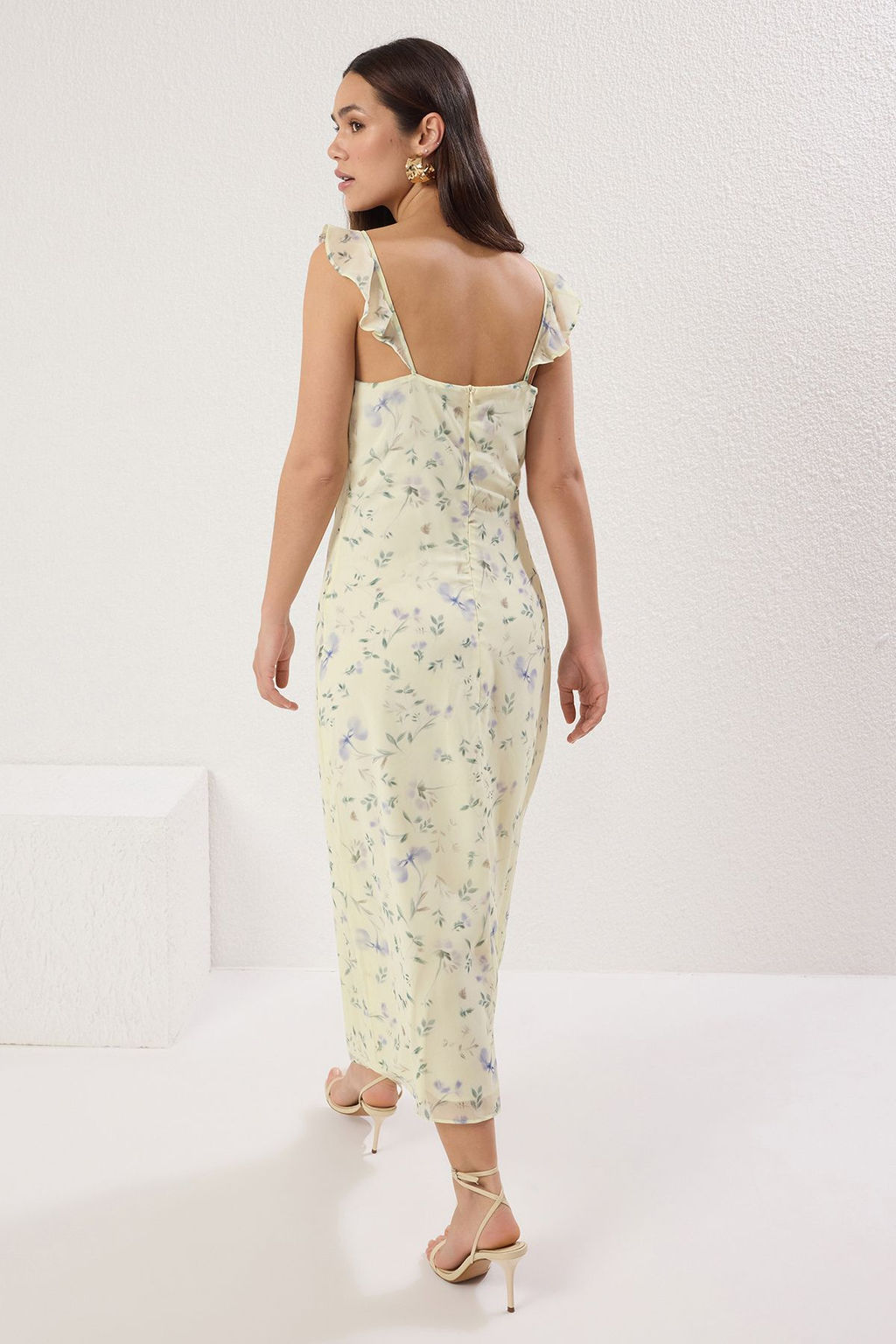 TRENDYOLMILLA Sar? Cicekli F?rf?rl? Midi Dokuma Elbise TWOSS25EL00568  фото 7