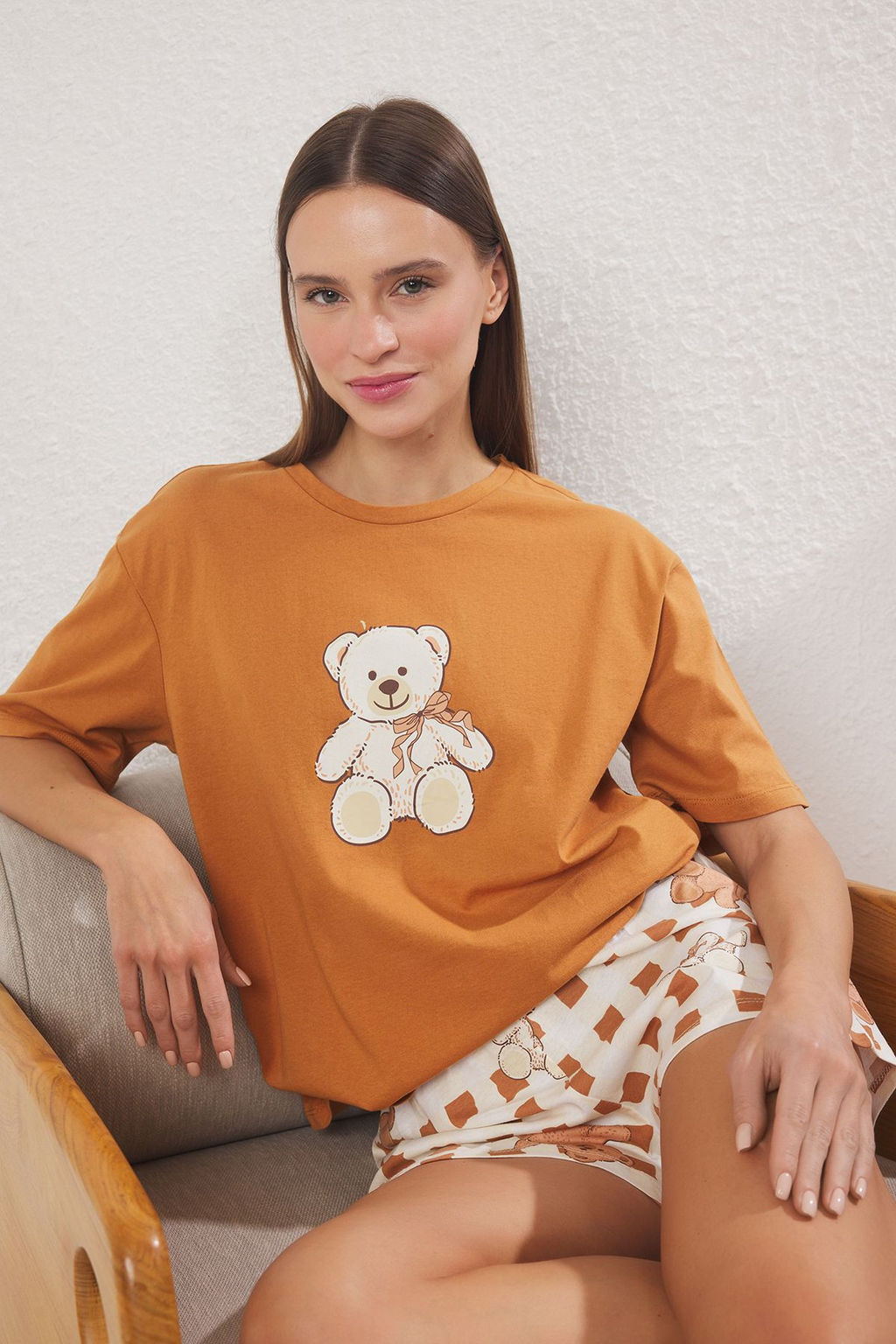 Trendyolmilla Ekru %100 Pamuklu Ay?c?kl? ve Kurdele/Fiyonk Bask?l? Sortlu Orme Pijama Tak?m? THMSS25PT00063  фото 8