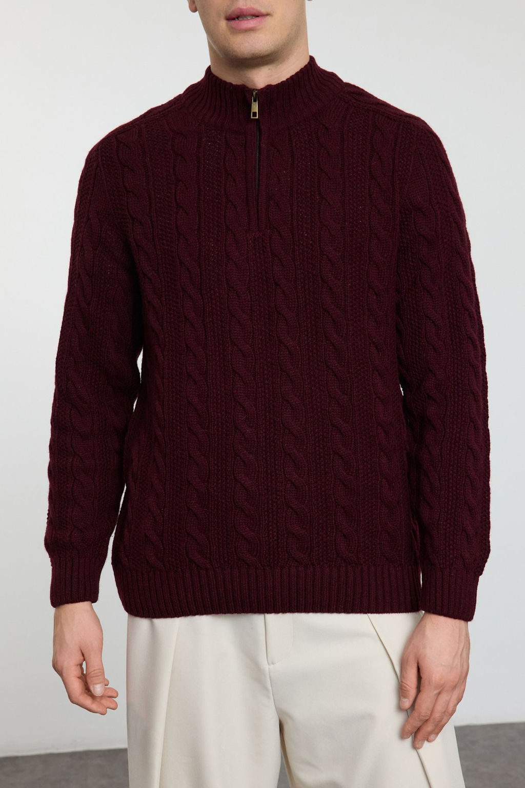 TRENDYOL MAN Bordo Unisex Regular Fit Fermuarl? Yar?m Bal?kc? Sac Orgu Triko Kazak TMNAW21KZ0737 - Trendyolmilla фото 15