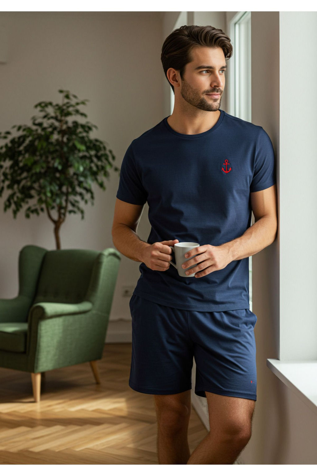 TRENDYOL MAN Lacivert Slim Fit Capa Nak?sl? Sortlu Orme Pijama Tak?m? TMNSS25PT00068