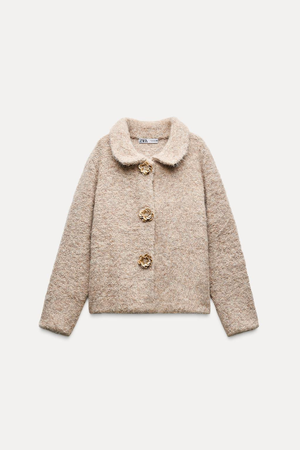 FAUX FUR KNIT JACKET WITH FLOWER BUTTONS - Zara фото 3