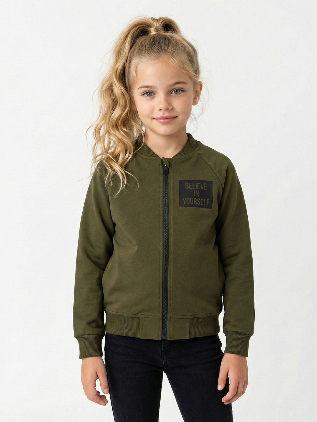 Толстовка для девочки на молнии 22-5528 хаки