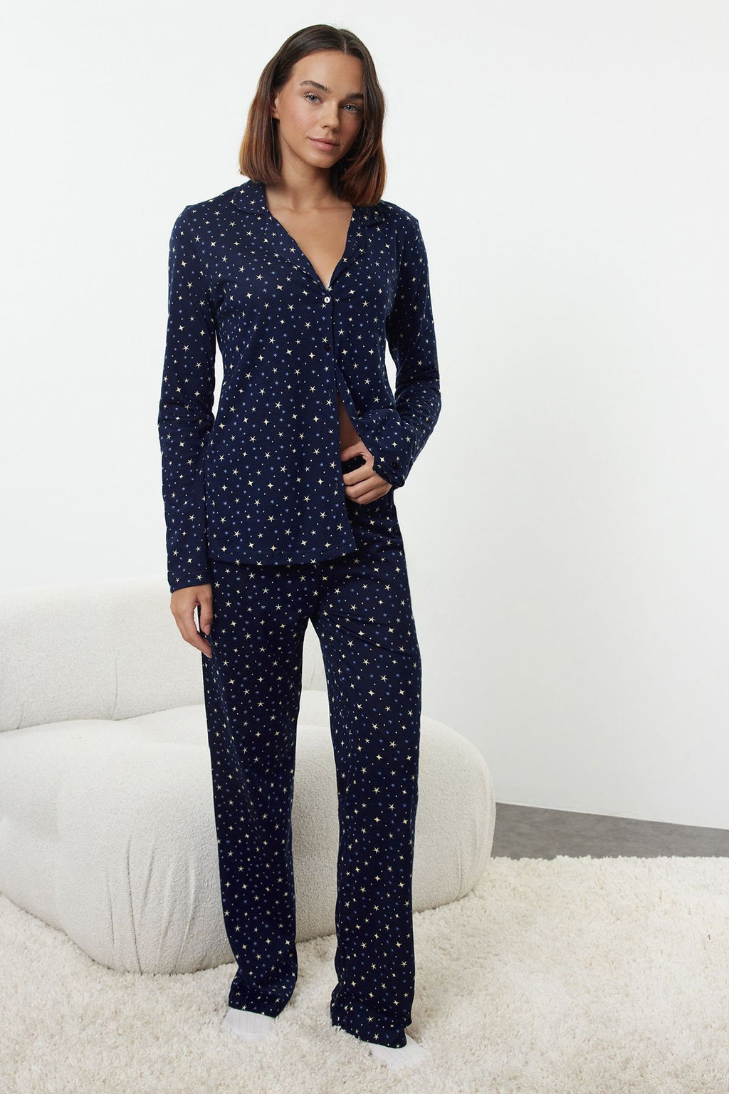 Trendyolmilla Lacivert %100 Pamuklu Galaksi Desenli Orme Pijama Tak?m? THMAW25PT00097  фото 6