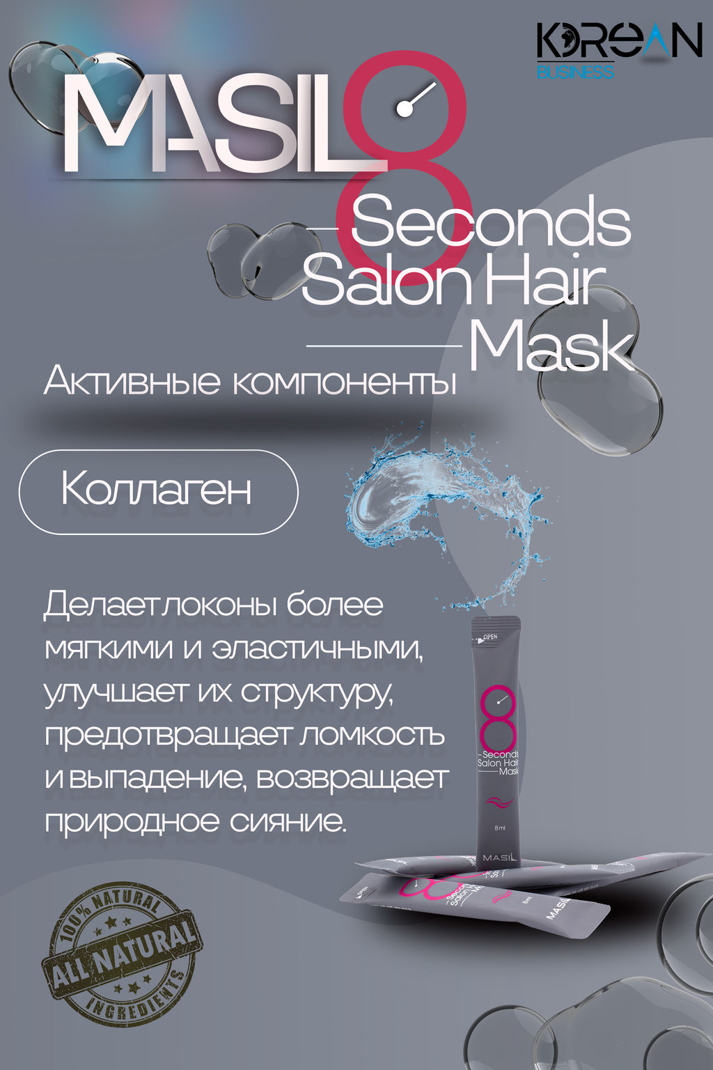 ШТУЧНО: MASIL - МАСКА ДЛЯ ВОЛОС И КОЖИ ГОЛОВЫ CАЛОННЫЙ ЭФФЕКТ ЗА 8 СЕКУНД 8 SECONDS SALON HAIR MASK,  фото 7
