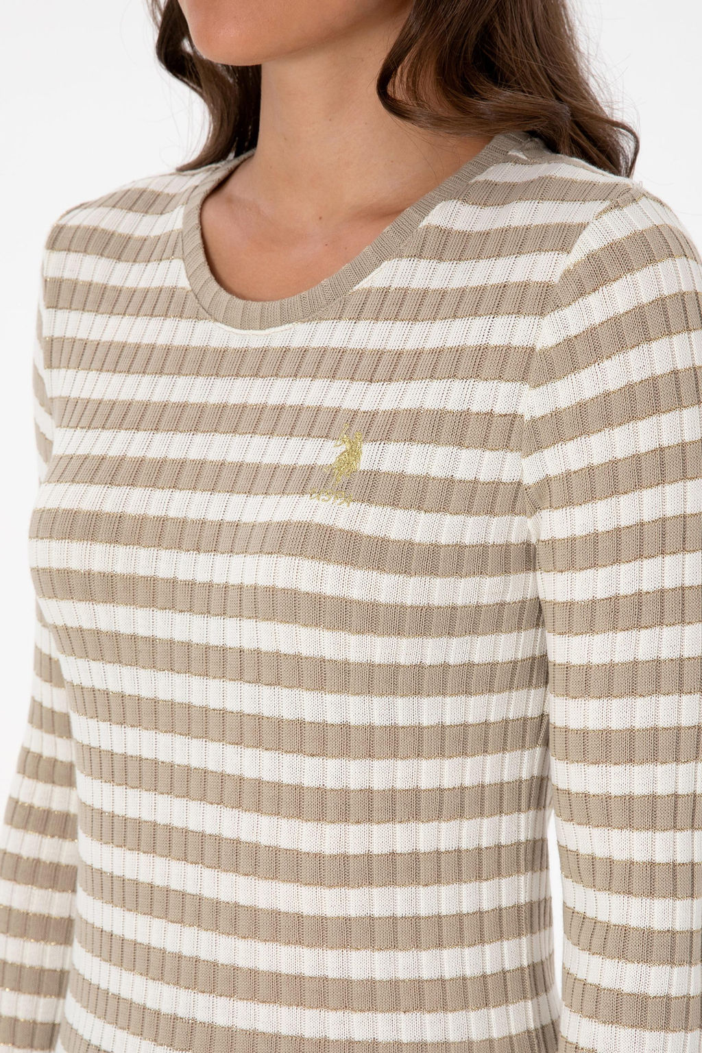 Kad_n Koyu Bej _izgili Bisiklet Yaka Sweatshirt