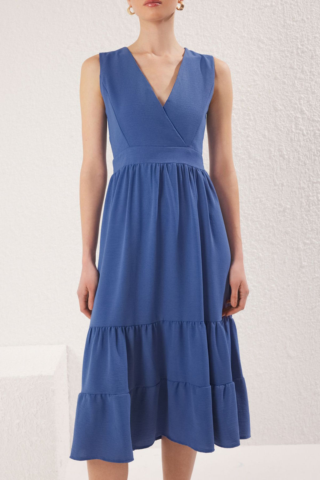 Haki Duz Etegi Belden Ac?lan Kruvaze Midi Dokuma Elbise TWOSS25EL00201 - Trendyolmilla фото 7