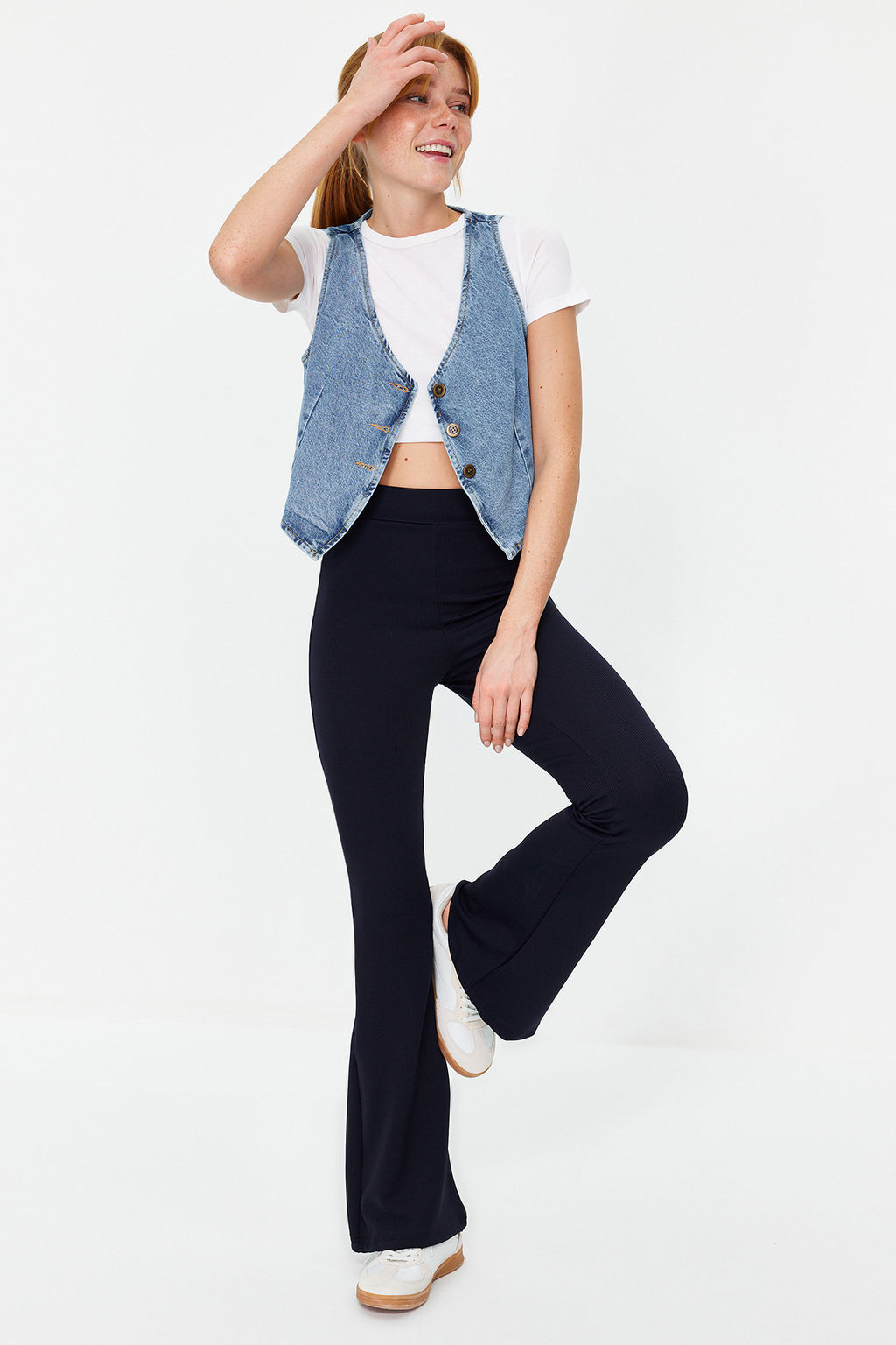 TRENDYOLMILLA Siyah Fitilli Flare/Ispanyol Paca Yuksek Bel Esnek Orme Tayt Pantolon TWOSS23PL00135 фото 11