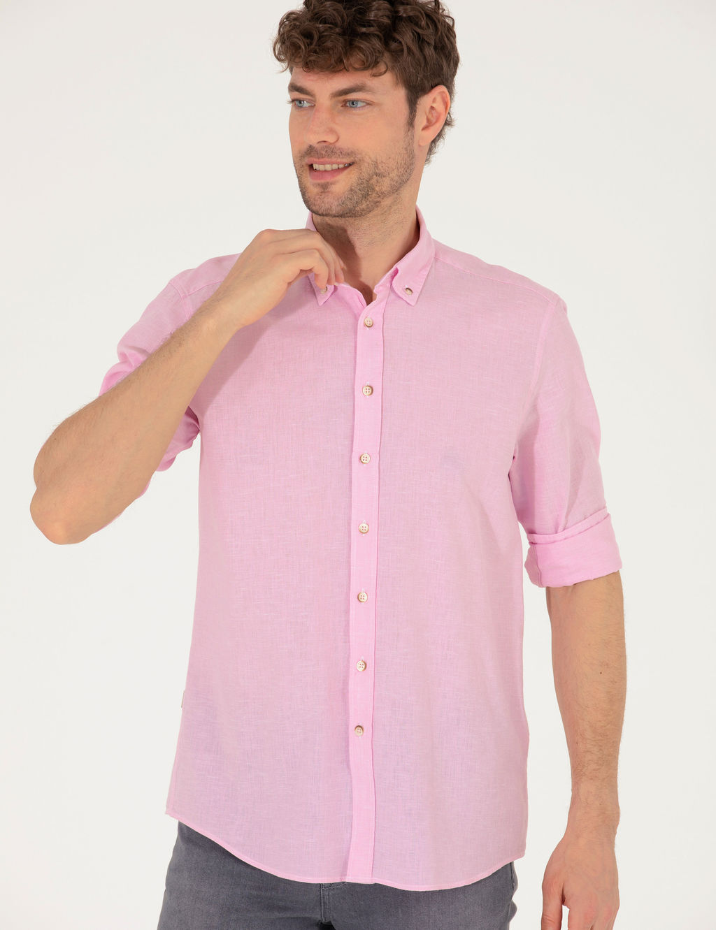 Pembe Keten Kar___ml_ Regular Fit Uzun Kollu G_mlek