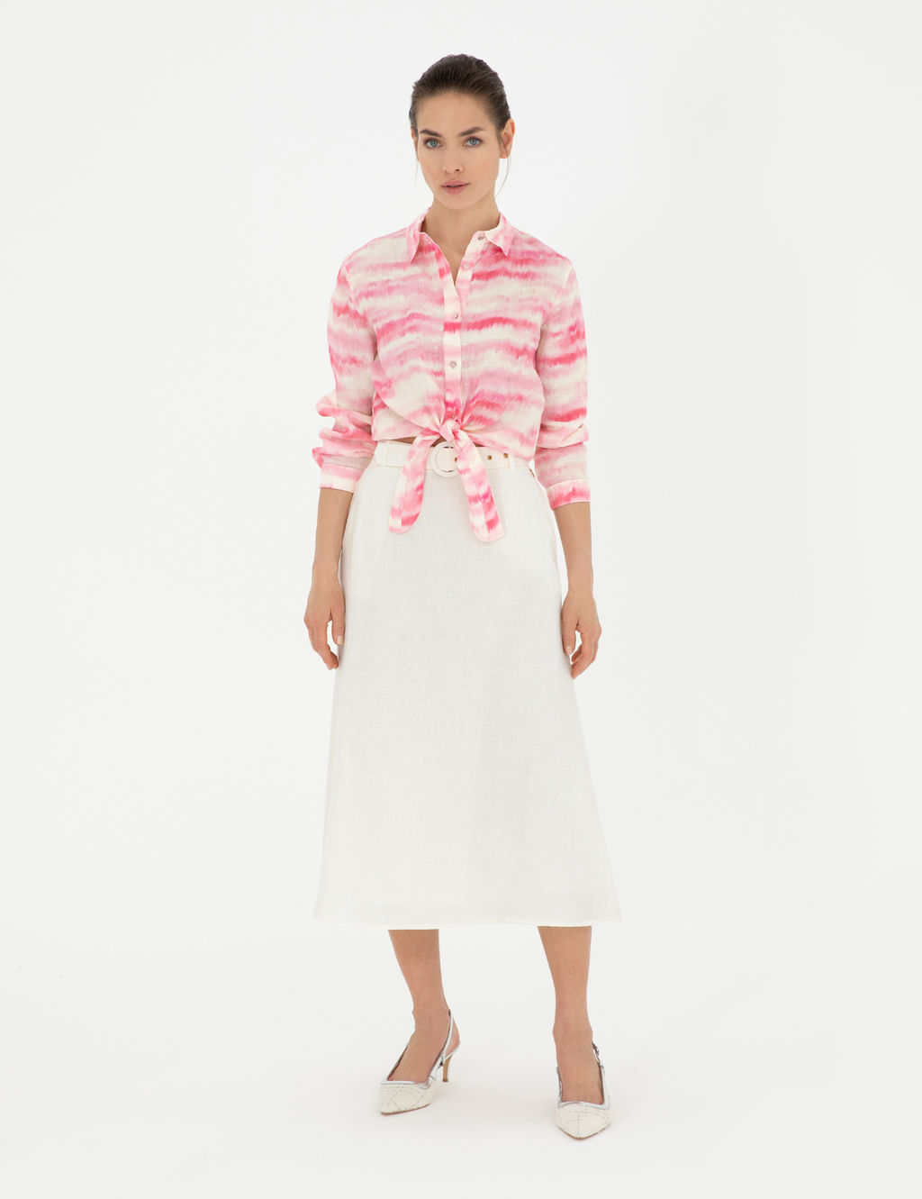 Pembe Crop Top Uzun Kollu Keten G_mlek